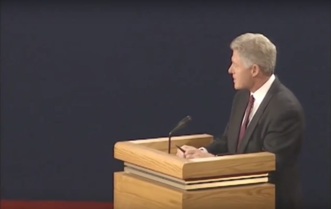 Bill Clinton at a podium during the first 1996 United States presidential debate.